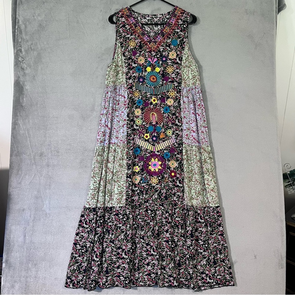 Boho Patchwork Embroidered Maxi Dress Tiered Wome… - image 2